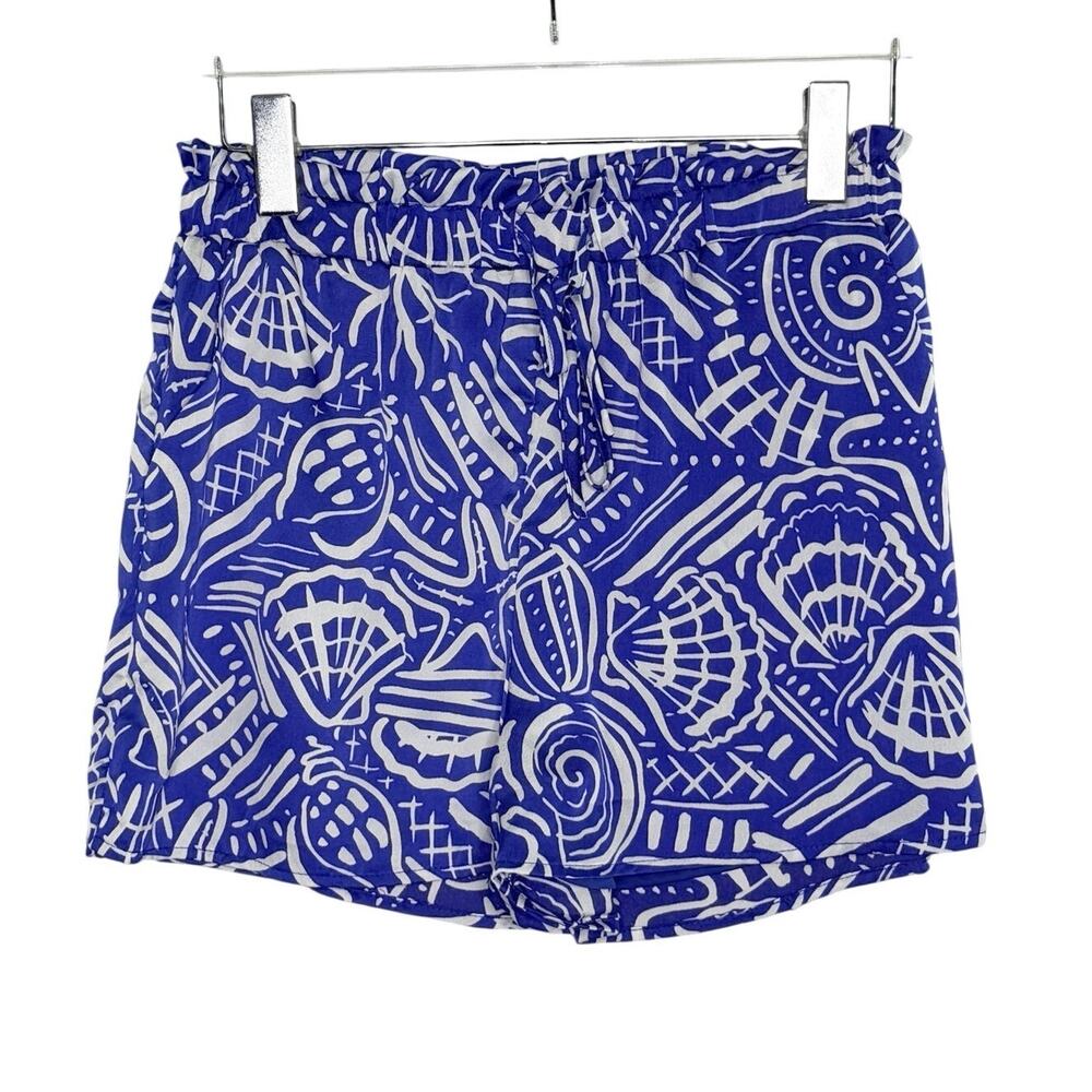 Entro Pull On Shorts M NEW Sea Shells Motif Beach Print Blue White